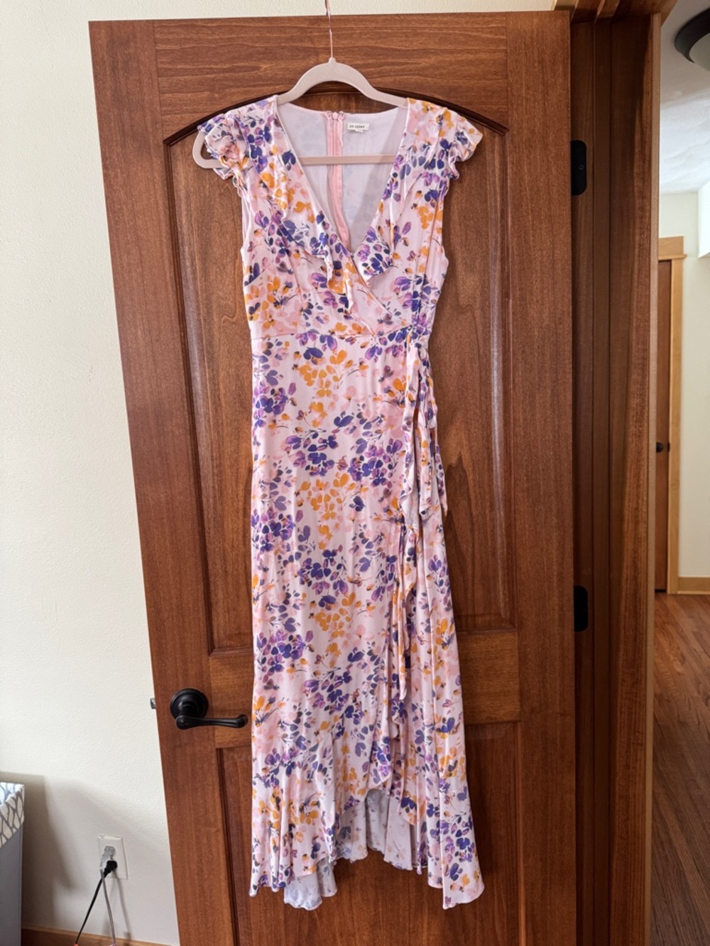 Light Pink Floral High-Low Wrap Dress with Purple Accents